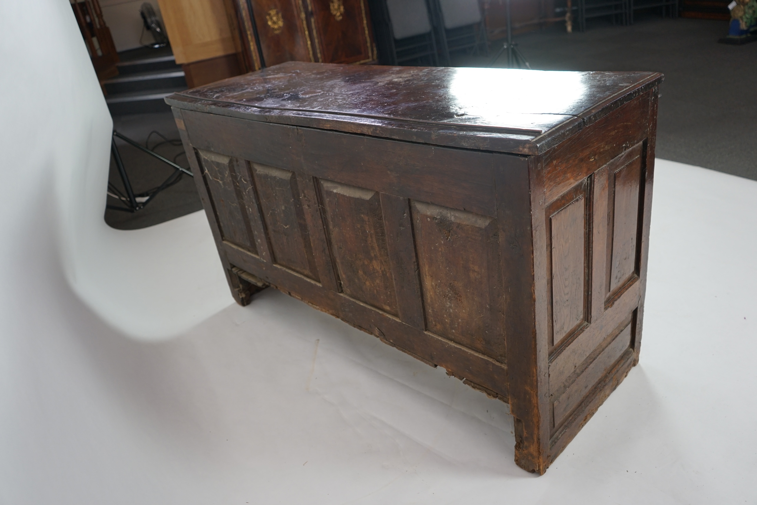 A 17th century panelled oak coffer